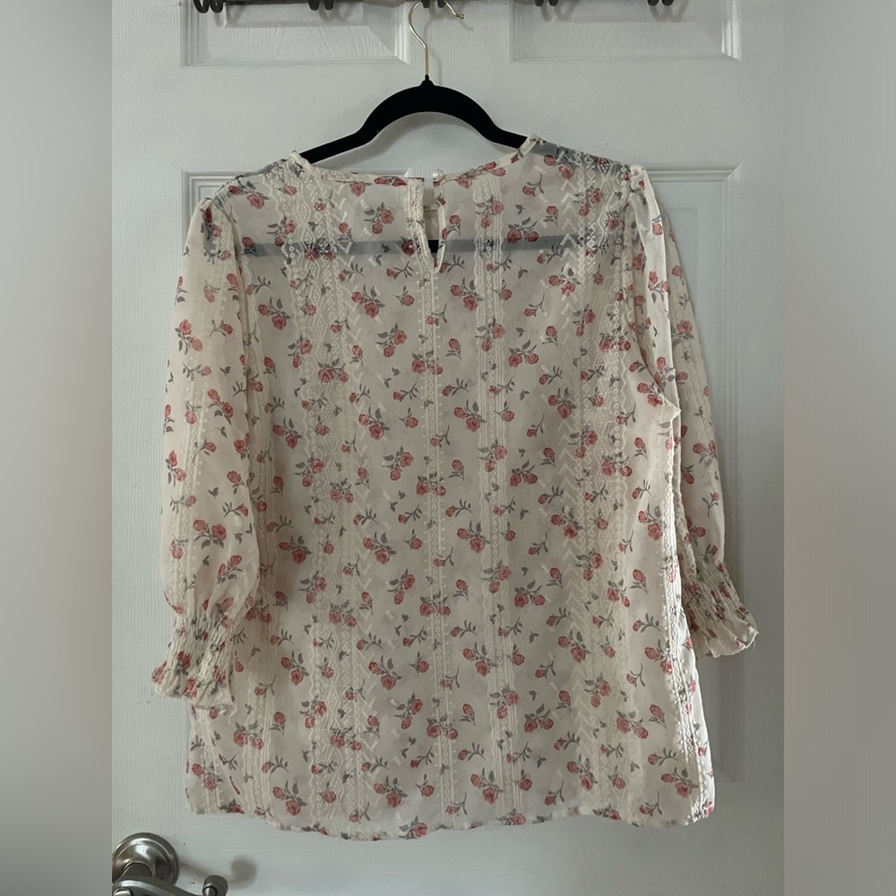 Sheer Cottagecore Floral Lace Blouse - Ivory with Pink Roses 3/4 length sleeves - Picture 3 of 5